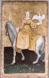 Een bereden dame met een reiger in de hand, een van een set speelkaarten met scènes van hofvalkenjacht, Boven-Rijngebied, c.1440-45
